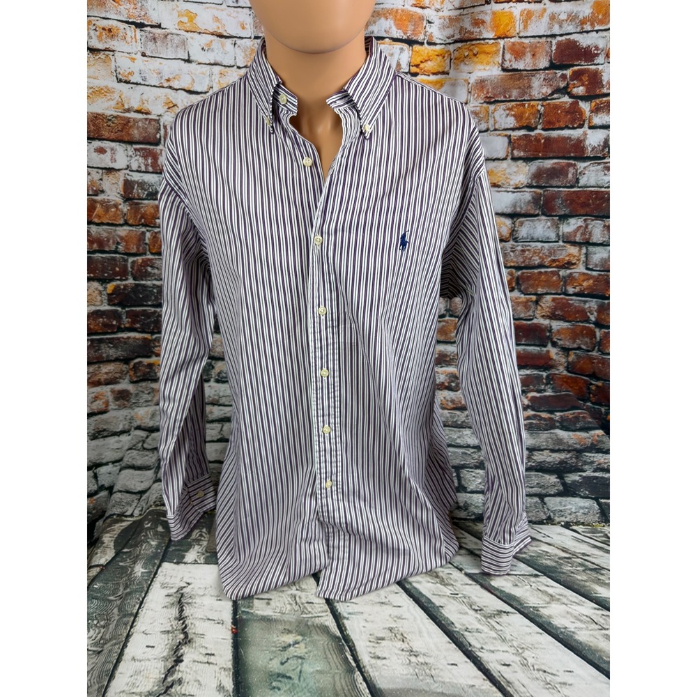 Ralph Lauren Mens Classic Fit Striped Button Down Shirt Purple White 16 32/33